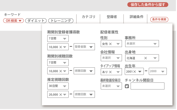 kamui trackerのチャンネル検索画面
